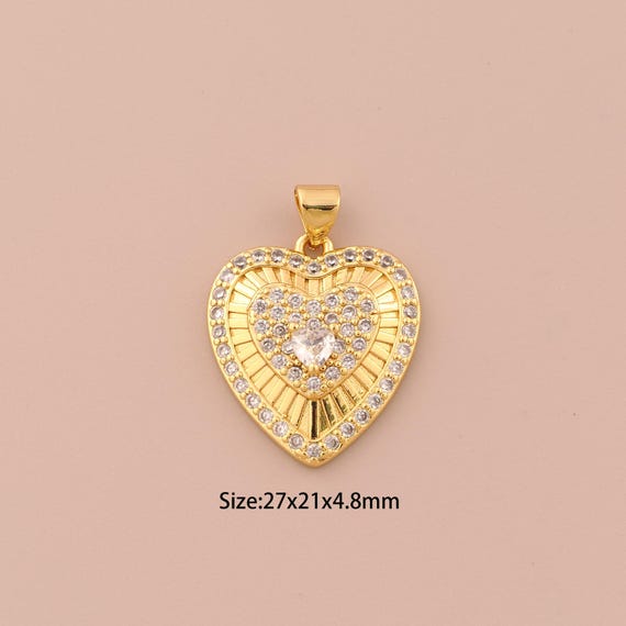 18K Gold Heart Charms,CZ Pave Heart Charms Pendants,Heart Charm for DIY Jewelry Making Supply