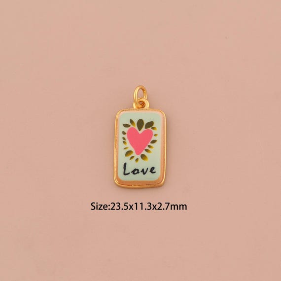 18K Gold Heart Charms,Enamel Love Charms Pendants,Square Charm for DIY Jewelry Making Supply