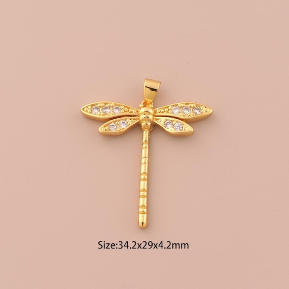 18K Gold Dragonfly Charms,CZ Pave Insect Charms Pendants,Dragonfly Charm for DIY Jewelry Making Supply