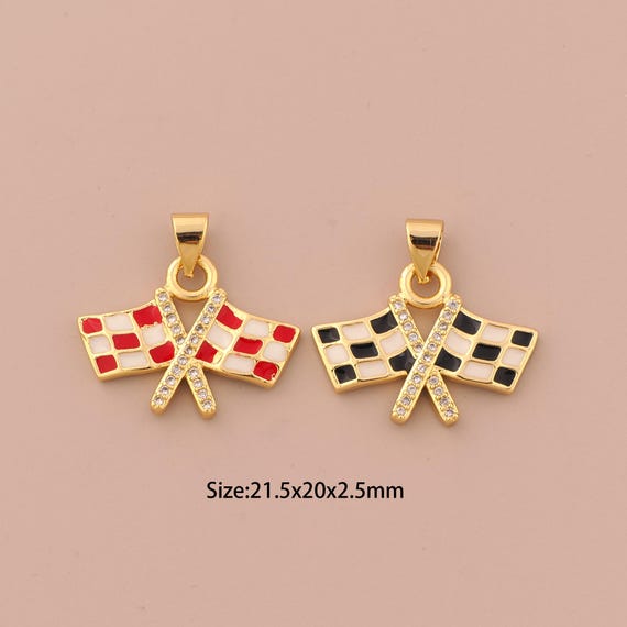 18K Gold Racing Flag Charms,CZ Pave Flag Charms Pendants,Enamel Racing Flag Charm for DIY Jewelry Making Supply