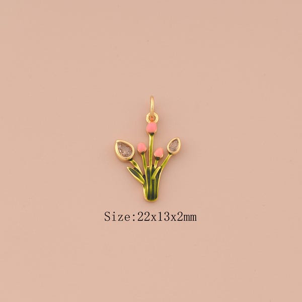 18K Gold Flower Charms,CZ Pave Flower Charms Pendants,Enamel Flower Charm for DIY Jewelry Making Supply