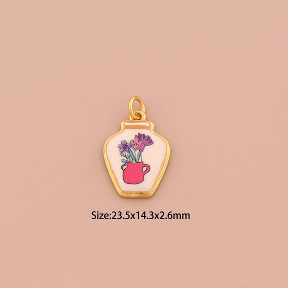 18K Gold Vase Charms,Enamel Flower Charms Pendants,Vase Charm for DIY Jewelry Making Supply