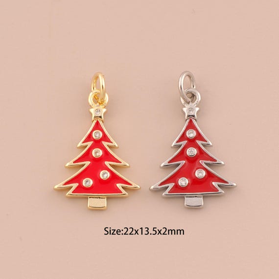 18K Gold Christmas Tree Charms,CZ Pave Tree Charms Pendants,Enamel Christmas Tree Charm for DIY Jewelry Making Supply