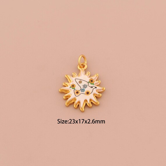 18K Gold Sun Charms,Enamel Peace Dove Charms Pendants,Sunburst Charm for DIY Jewelry Making Supply
