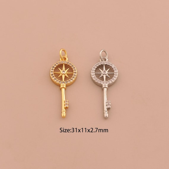 18K Gold Polaris Charms,Starburst Charms Pendants,CZ Pave Key Charm for DIY Jewelry Making Supply
