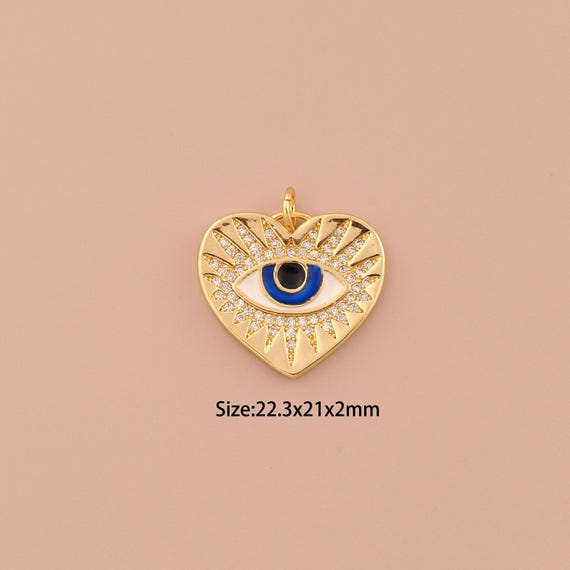 18K Gold Heart Charms,CZ Pave Minimalist Charms Pendants,Evil Eye Charm for DIY Jewelry Making Supply
