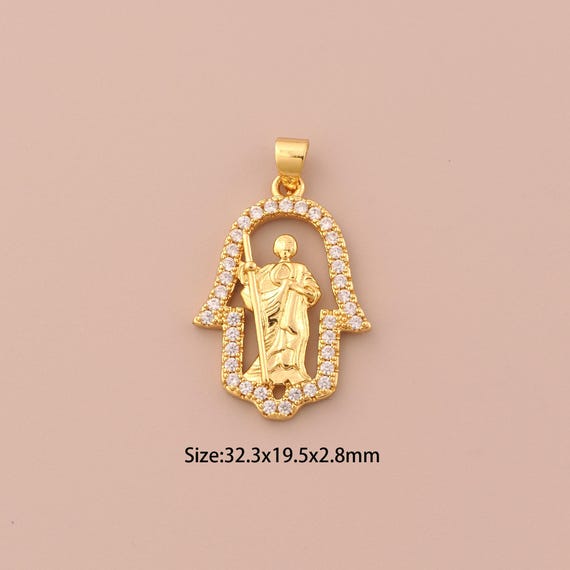 18K Gold St.Juda Charms,CZ Pave Hamsa Charms Pendants,Saint Jude Charm for DIY Jewelry Making Supply
