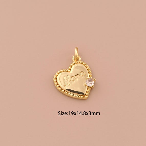 18K Gold Heart Charms,CZ Pave Minimalist Charms Pendants,MAMA Charm for DIY Jewelry Making Supply