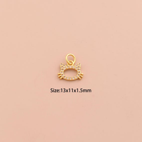 18K Gold Cat Head Charms,CZ Pave Animal Charms Pendants,Cat Charm for DIY Jewelry Making Supply