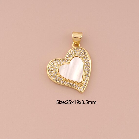 18K Gold Heart Charms,CZ Pave Minimalist Charms Pendants,Fritillary Heart Charm for DIY Jewelry Making Supply