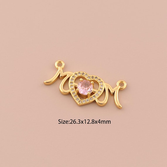 18K Gold MOM Charms,CZ Pave Heart Charms Pendants,Letter Charm for DIY Jewelry Making Supply
