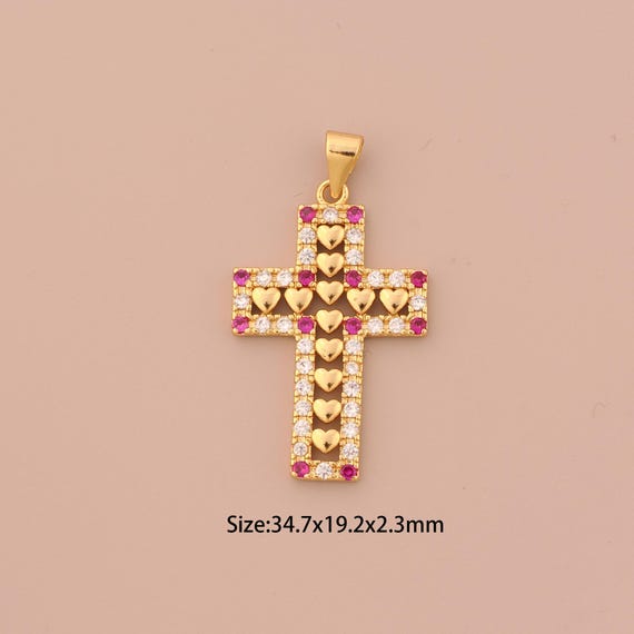 18K Gold Heart Charms,CZ Pave Cross Charms Pendants,Religious Charm for DIY Jewelry Making Supply