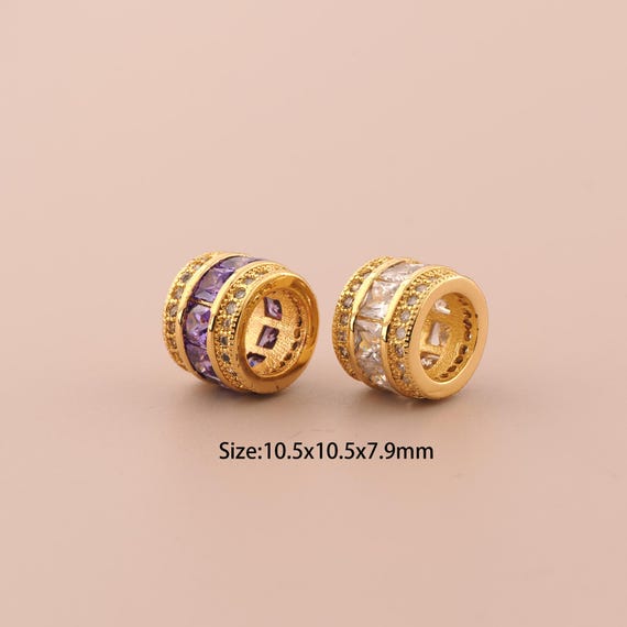 18K Gold Tube Spacer Bead,CZ Pave Large Hole Bead,Round Bead for DIY Jewelry Making Supply