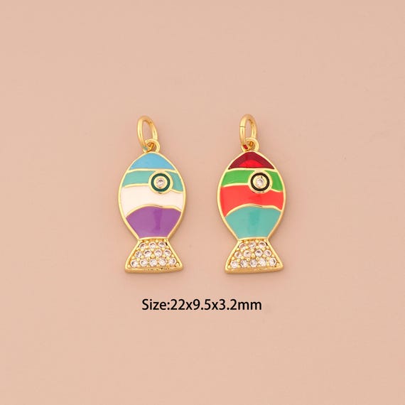 18K Gold Fish Charms,CZ Pave Fish Charms Pendants,Enamel Fish Charm for DIY Jewelry Making Supply