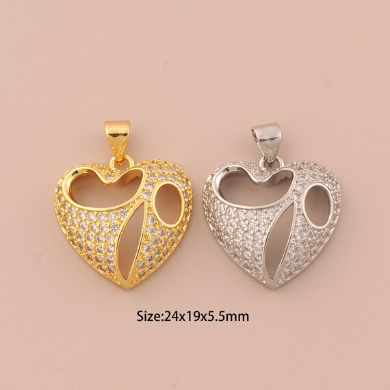 18K Gold Heart Charms,CZ Pave Heart Charms Pendants,Heart Charm for DIY Jewelry Making Supply