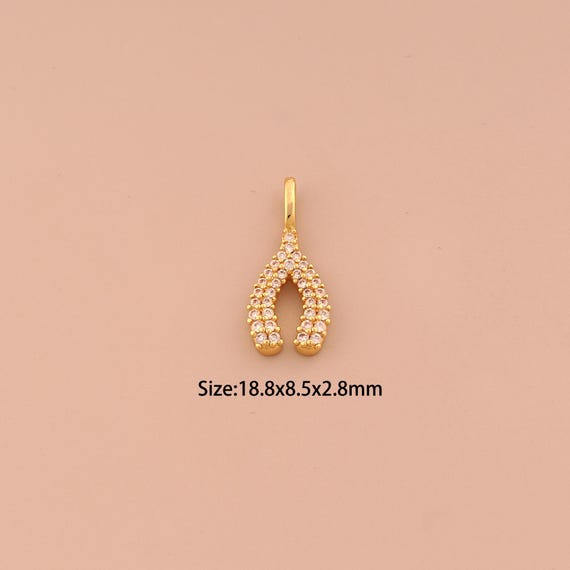 18K Gold Wishbone Charms,CZ Pave Wishbone Charms Pendants,Wishbone Charm for DIY Jewelry Making Supply