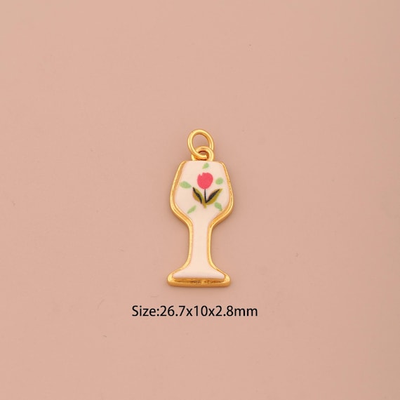 18K Gold Goblet Charms,Enamel Flower Charms Pendants,Wine Glass Charm for DIY Jewelry Making Supply