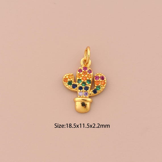 18K Gold Cactus Charms,CZ Pave Plant Charms Pendants,Cactus Charm for DIY Jewelry Making Supply