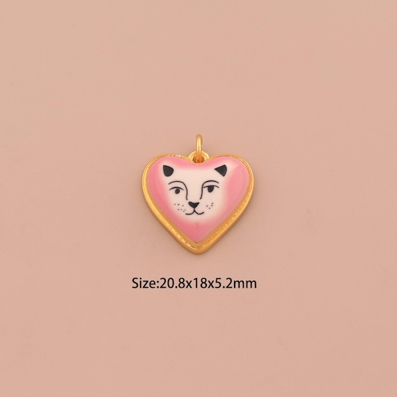 18K Gold Heart Charms,Enamel Cat Charms Pendants,Animal Charm for DIY Jewelry Making Supply