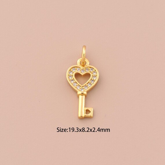 18K Gold Key Charms,CZ Pave Heart Charms Pendants,Key Charm for DIY Jewelry Making Supply