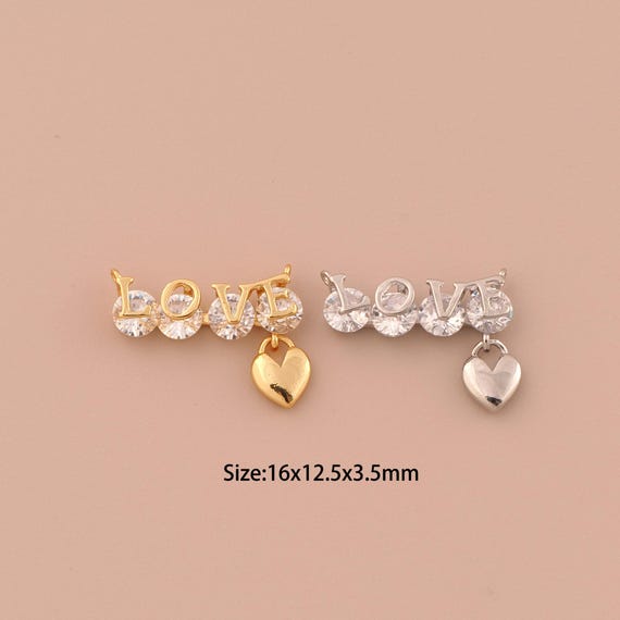 18K Gold LOVE Charms,CZ Pave Minimalist Charms Pendants,Heart Charm for DIY Jewelry Making Supply