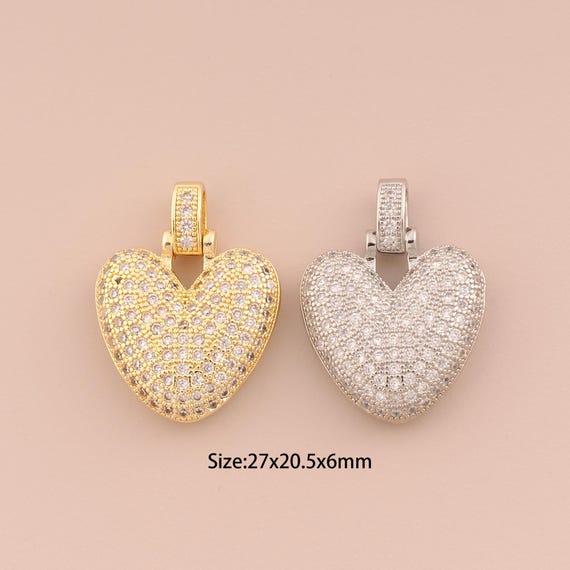 18K Gold Heart Charms,CZ Pave Heart Charms Pendants,Heart Charm for DIY Jewelry Making Supply