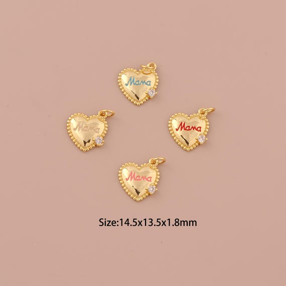 18K Gold Heart Charms,CZ Pave Minimalist Charms Pendants,Enamel MAMA Charm for DIY Jewelry Making Supply