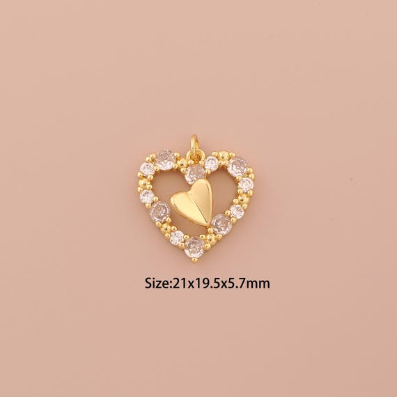 18K Gold Heart Charms,CZ Pave Minimalist Charms Pendants,Heart Charm for DIY Jewelry Making Supply