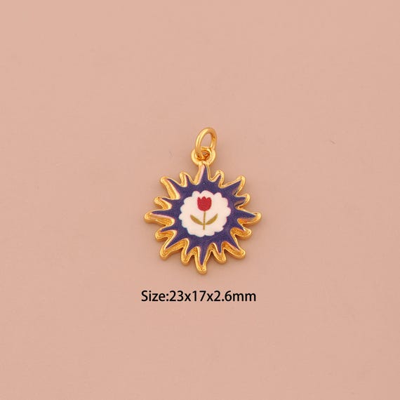 18K Gold Sun Charms,Enamel Flower Charms Pendants,Sunburst Charm for DIY Jewelry Making Supply