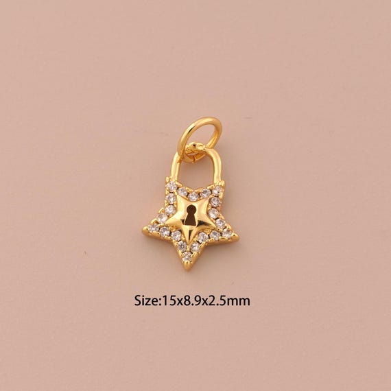 18K Gold Star Charms,CZ Pave Lock Charms Pendants,Star Charm for DIY Jewelry Making Supply