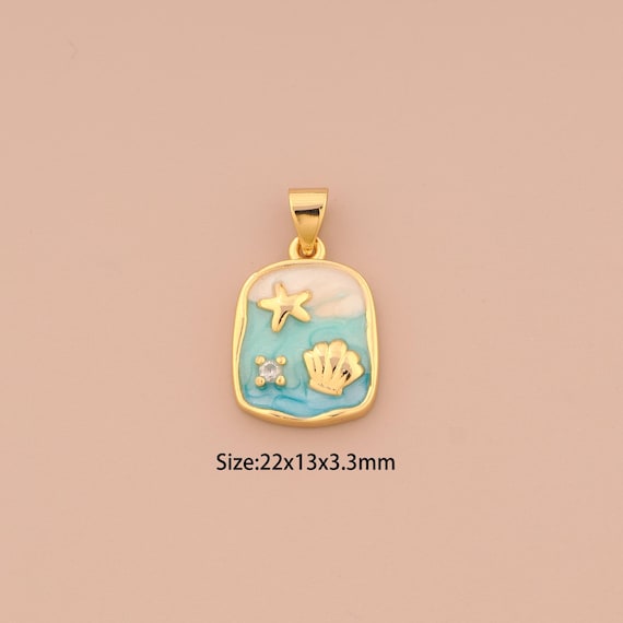 18K Gold Starfish Charms,Enamel Shell Charms Pendants,Square Charm for DIY Jewelry Making Supply