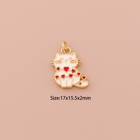 18K Gold Cat Charms,Enamel Minimalist Charms Pendants,Heart Charm for DIY Jewelry Making Supply