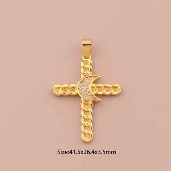 18K Gold Moon Charms,CZ Pave Cross Charms Pendants,Religious Charm for DIY Jewelry Making Supply