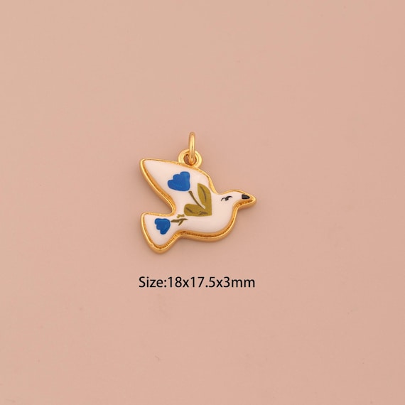 18K Gold Peace Dove Charms,Enamel Flower Charms Pendants,Animal Charm for DIY Jewelry Making Supply