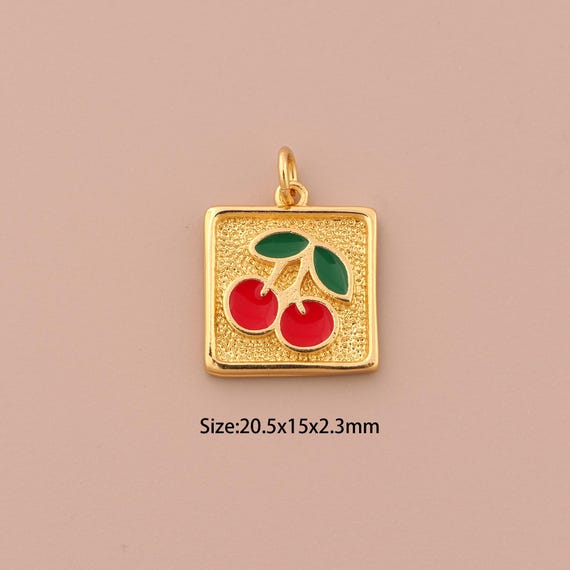 18K Gold Cherry Charms,Enamel Square Charms Pendants,Fruit Charm for DIY Jewelry Making Supply