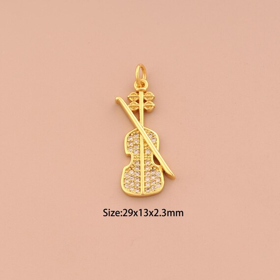 18K Gold Violin Charms,CZ Pave Violin Charms Pendants,Violin Charm for DIY Jewelry Making Supply