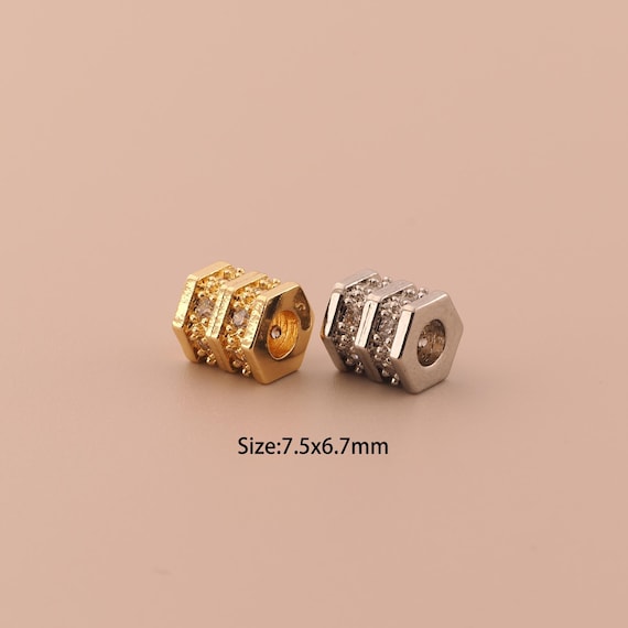 18K Gold Tube Spacer Bead,CZ Pave Minimalist Bead,Hexagon Bead for DIY Jewelry Making Supply