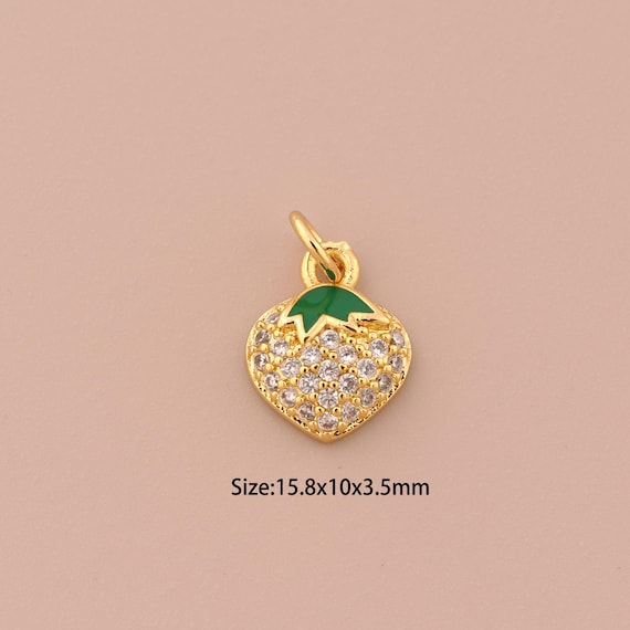 18K Gold Strawberry Charms,CZ Pave Fruit Charms Pendants,Strawberry Charm for DIY Jewelry Making Supply