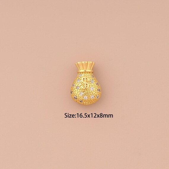 18K Gold Money Bag Charms,CZ Pave Money Bag Charms Pendants,Money Bag Charm for DIY Jewelry Making Supply