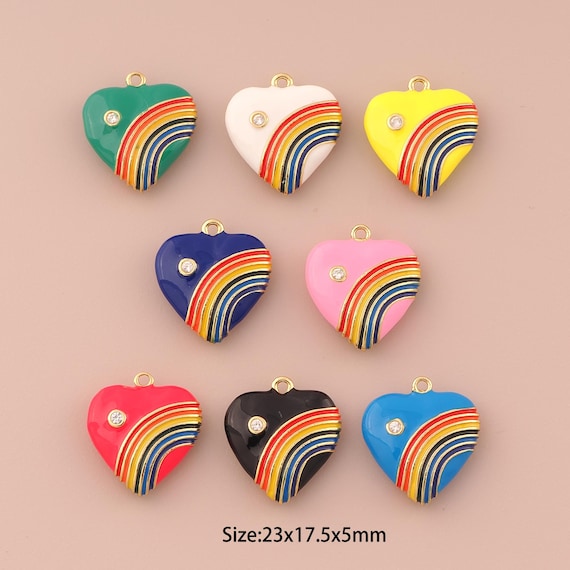 18K Gold Heart Charms,CZ Pave Minimalist Charms Pendants,Enamel Rainbow Charm for DIY Jewelry Making Supply