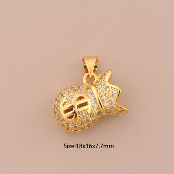 18K Gold Money Bag Charms,CZ Pave Money Bag Charms Pendants,Money Bag Charm for DIY Jewelry Making Supply