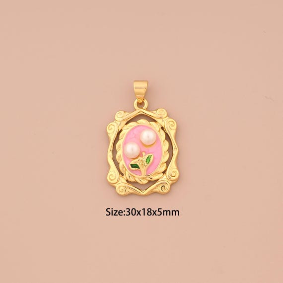 18K Gold Flower Charms,Enamel Mirror Charms Pendants,Flower Charm for DIY Jewelry Making Supply