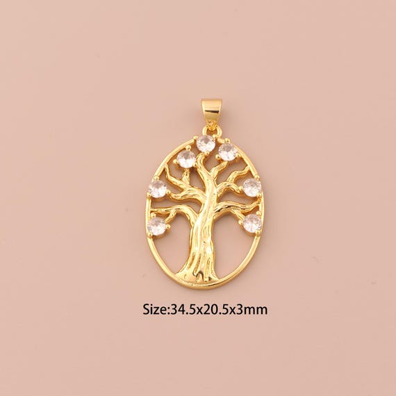 18K Gold Tree of Life Charms,CZ Pave Minimalist Charms Pendants,Round Tree of Life Charm for DIY Jewelry Making Supply