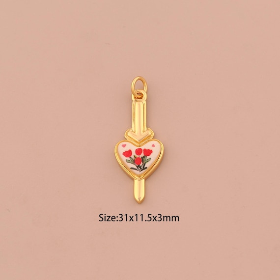 18K Gold Heart Charms,Enamel Flower Charms Pendants,Love Charm for DIY Jewelry Making Supply