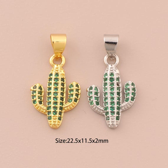 18K Gold Cactus Charms,CZ Pave Plant Charms Pendants,Cactus Charm for DIY Jewelry Making Supply