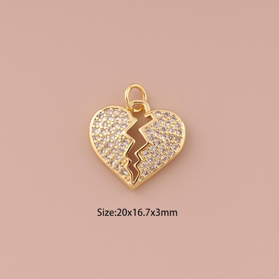 18K Gold Heartbreak Charms,CZ Pave Minimalist Charms Pendants,Heartbreak Charm for DIY Jewelry Making Supply