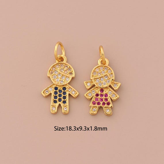 18K Gold Character Charms,CZ Pave Girl Charms Pendants,Boy Charm for DIY Jewelry Making Supply
