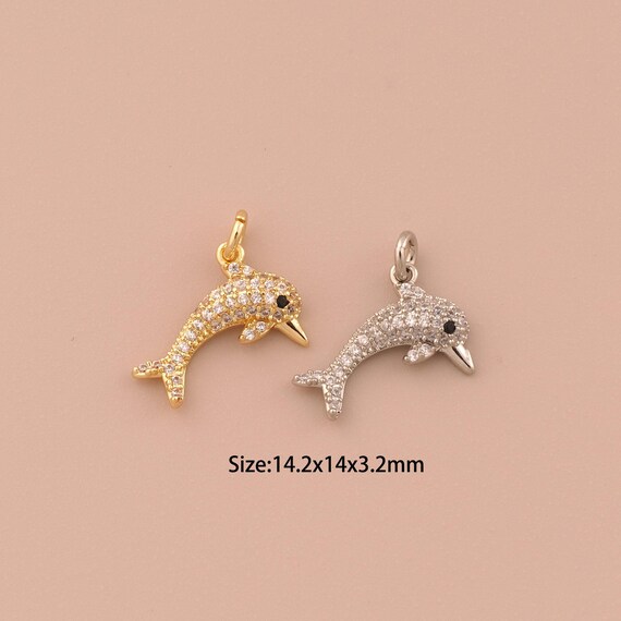 18K Gold Dolphin Charms,CZ Pave Minimalist Charms Pendants,Dolphin Charm for DIY Jewelry Making Supply