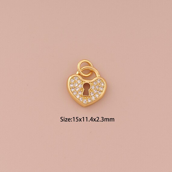 18K Gold Heart Charms,CZ Pave Minimalist Charms Pendants,Lock Charm for DIY Jewelry Making Supply