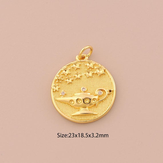 18K Gold Aladdin Magic Lamp Charms,CZ Pave Round Charms Pendants,Aladdin Magic Lamp Charm for DIY Jewelry Making Supply